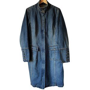 Vtg Y2K Gap Denim Duster Coat Surgeon Cuffs Leather Lacing Corset Large Pockets